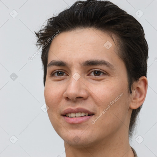 Joyful white young-adult male with short  brown hair and brown eyes