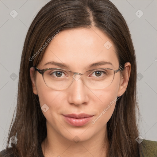 Neutral white young-adult female with long  brown hair and grey eyes