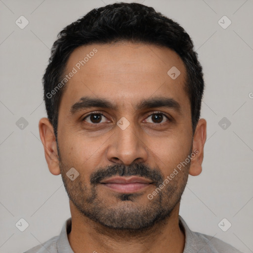 Neutral latino young-adult male with short  black hair and brown eyes