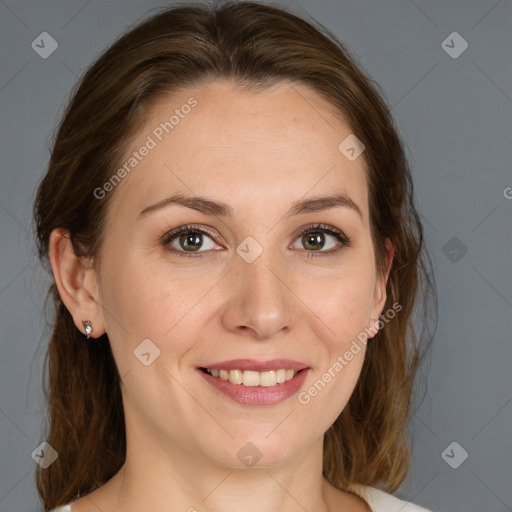 Joyful white young-adult female with medium  brown hair and blue eyes