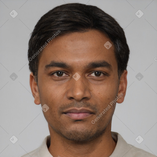 Neutral asian young-adult male with short  black hair and brown eyes