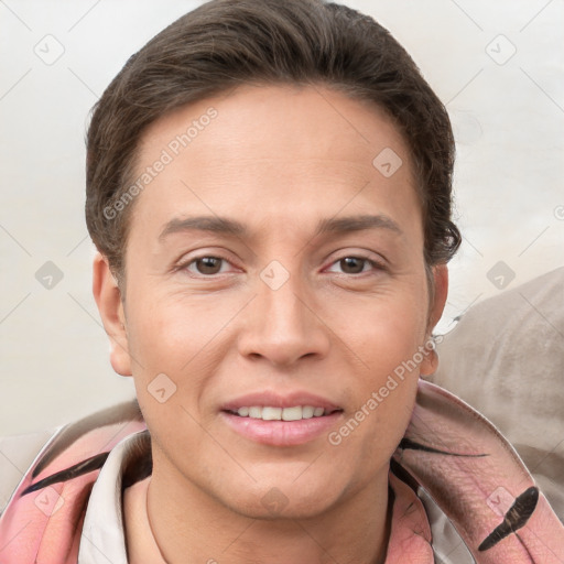 Joyful white young-adult female with short  brown hair and grey eyes