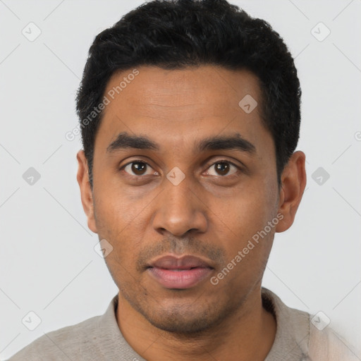 Neutral latino young-adult male with short  black hair and brown eyes