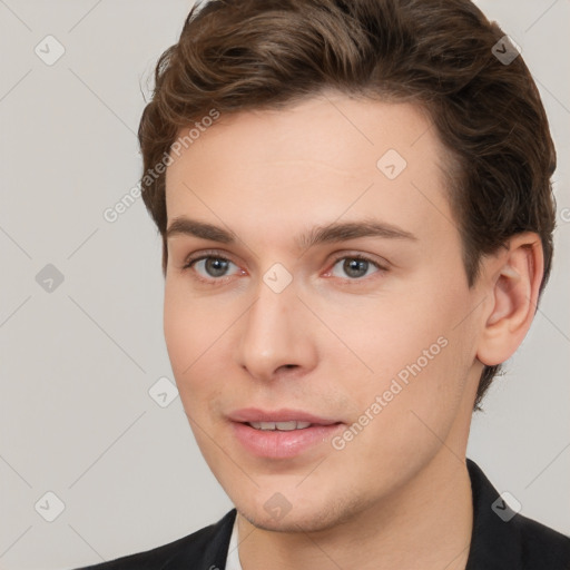 Neutral white young-adult male with short  brown hair and brown eyes