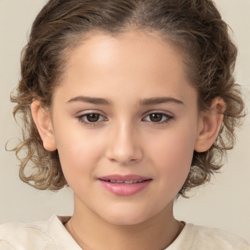 Joyful white child female with medium  brown hair and brown eyes