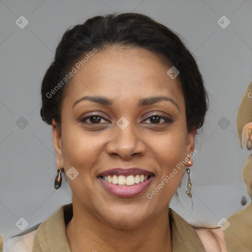 Joyful black young-adult female with medium  brown hair and brown eyes