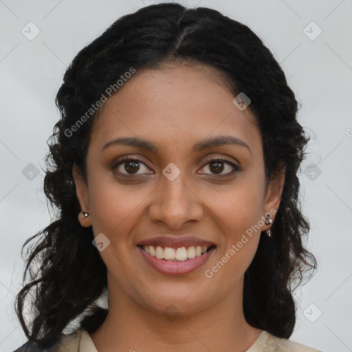 Joyful latino young-adult female with long  brown hair and brown eyes