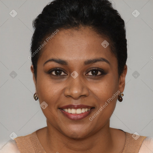 Joyful black young-adult female with short  brown hair and brown eyes