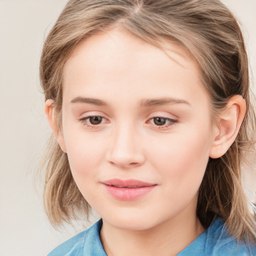 Joyful white child female with medium  brown hair and blue eyes