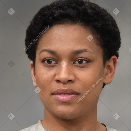 Joyful black young-adult female with short  brown hair and brown eyes