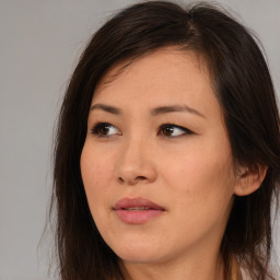 Neutral asian young-adult female with long  brown hair and brown eyes