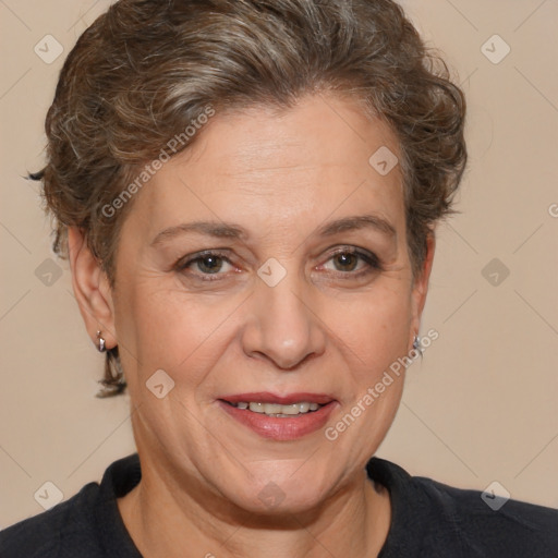 Joyful white adult female with short  brown hair and brown eyes