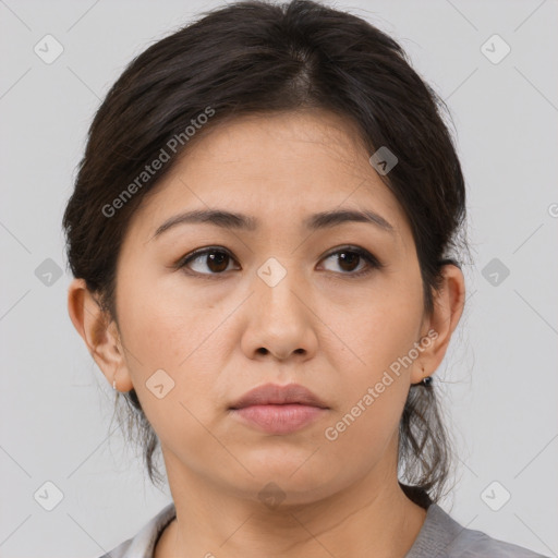 Neutral white young-adult female with medium  brown hair and brown eyes