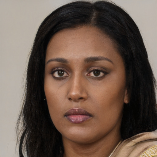 Neutral asian young-adult female with long  black hair and brown eyes