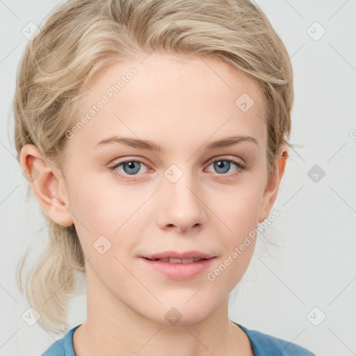 Joyful white young-adult female with medium  brown hair and blue eyes