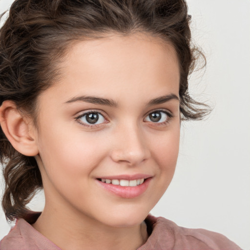 Joyful white child female with medium  brown hair and brown eyes