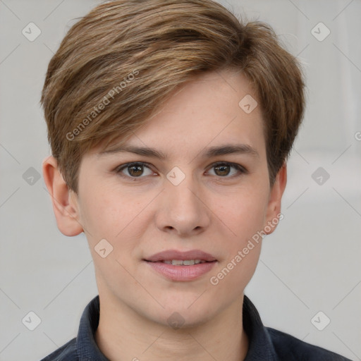 Joyful white young-adult female with short  brown hair and grey eyes