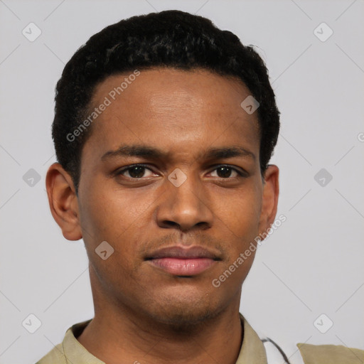 Neutral black young-adult male with short  black hair and brown eyes