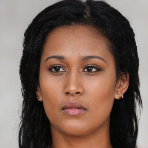 Neutral asian young-adult female with long  black hair and brown eyes