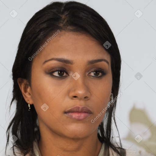 Neutral black young-adult female with long  brown hair and brown eyes