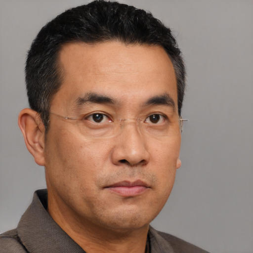 Neutral asian adult male with short  brown hair and brown eyes