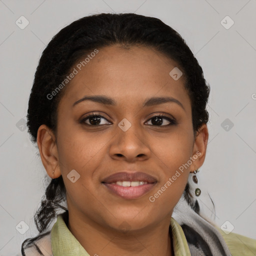 Joyful latino young-adult female with short  black hair and brown eyes
