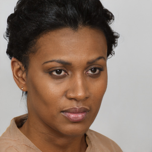 Neutral black young-adult female with short  brown hair and brown eyes