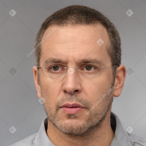 Neutral white adult male with short  brown hair and brown eyes