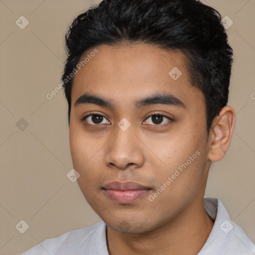 Neutral latino young-adult male with short  black hair and brown eyes