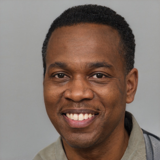 Joyful black adult male with short  black hair and brown eyes