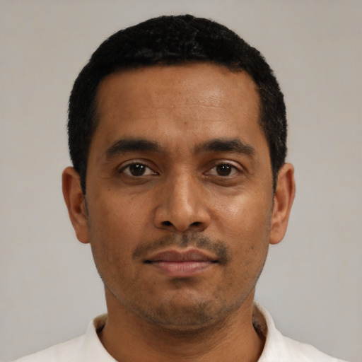 Neutral latino adult male with short  black hair and brown eyes