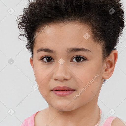 Joyful white child female with short  brown hair and brown eyes