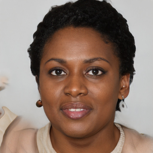 Joyful black young-adult female with short  black hair and brown eyes