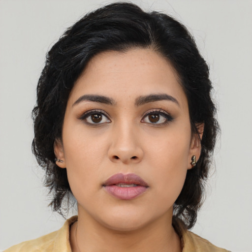 Neutral asian young-adult female with long  black hair and brown eyes