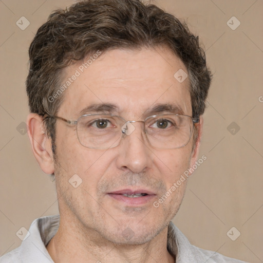 Joyful white middle-aged male with short  brown hair and brown eyes