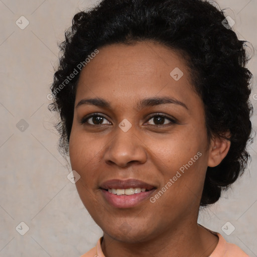 Joyful latino young-adult female with short  black hair and brown eyes