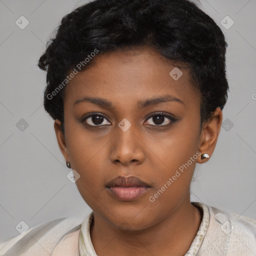 Neutral black young-adult female with short  black hair and brown eyes