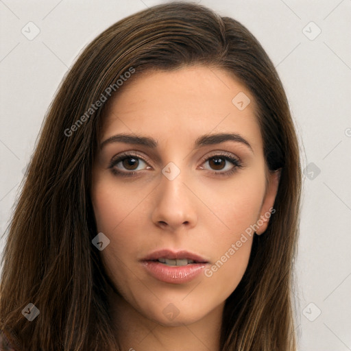 Neutral white young-adult female with long  brown hair and brown eyes