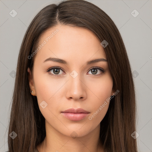 Neutral white young-adult female with long  brown hair and brown eyes