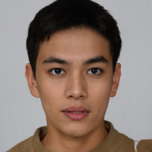 Neutral asian young-adult male with short  brown hair and brown eyes