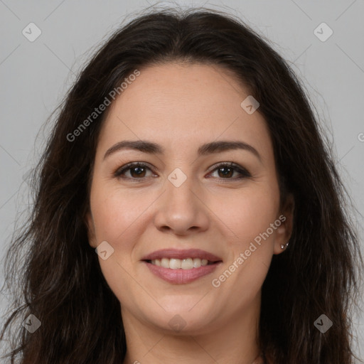 Joyful white young-adult female with long  brown hair and brown eyes