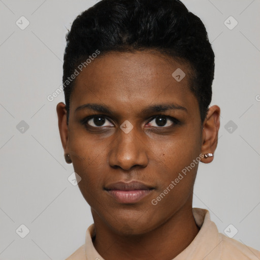 Neutral black young-adult male with short  black hair and brown eyes