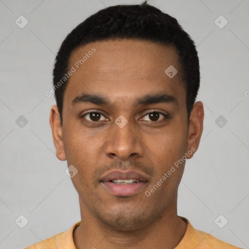 Neutral latino young-adult male with short  black hair and brown eyes