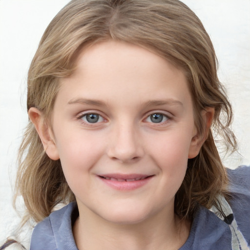 Joyful white child female with medium  brown hair and blue eyes