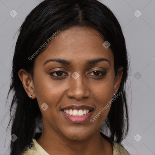 Joyful black young-adult female with medium  brown hair and brown eyes