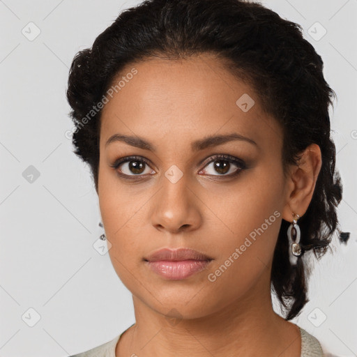 Neutral latino young-adult female with short  black hair and brown eyes