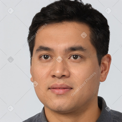 Neutral asian young-adult male with short  black hair and brown eyes