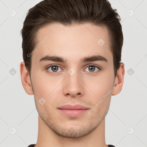 Neutral white young-adult male with short  brown hair and brown eyes