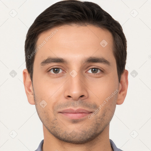 Joyful white young-adult male with short  brown hair and brown eyes