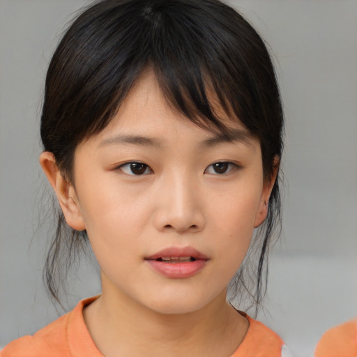 Neutral asian young-adult female with medium  brown hair and brown eyes